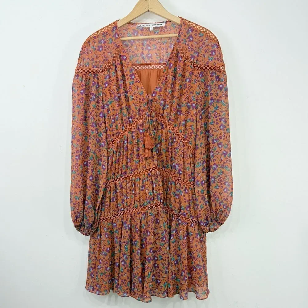 Rebecca Minkoff CADEN Dark Orange Magenta Floral Boho Chic Tiered Peasant Dress - Picture 5 of 16